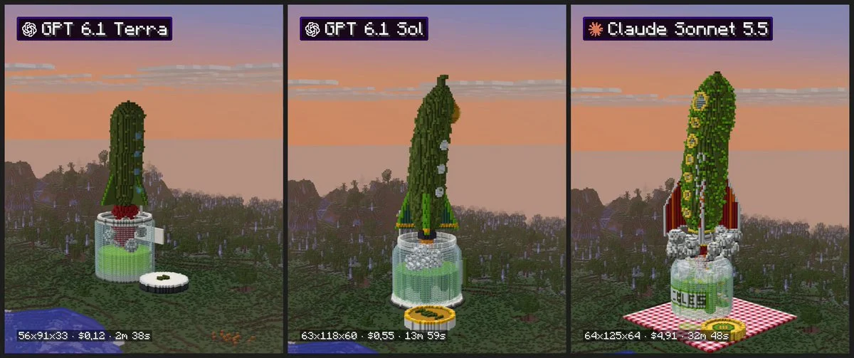 Minecraft 泡菜火箭,从左到右:GPT-6.1 Terra($0.12、2 分 38 秒)、GPT-6.1 Sol($0.55、13 分 59 秒)、Claude Sonnet 5.5($4.91、32 分 48 秒);作者判 Sonnet 胜(视频截帧)