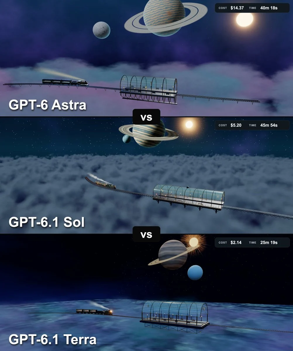 Space Train 同题:从上到下为 GPT-6 Astra($14.37、40 分钟)、GPT-6.1 Sol($5.20、46 分钟)、GPT-6.1 Terra($2.14、25 分钟)(视频截帧)