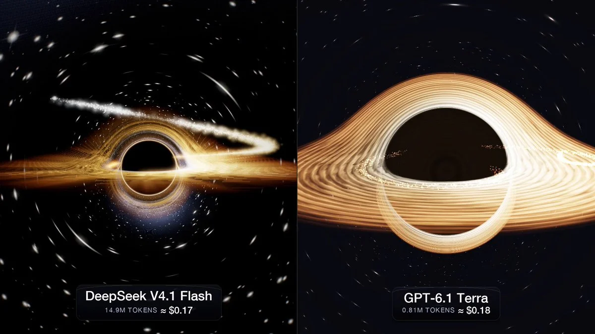 three.js 黑洞:左为 DeepSeek V4.1 Flash($0.17、34 分钟),右为 GPT-6.1 Terra($0.18、2.5 分钟),花费几乎一样(视频截帧)