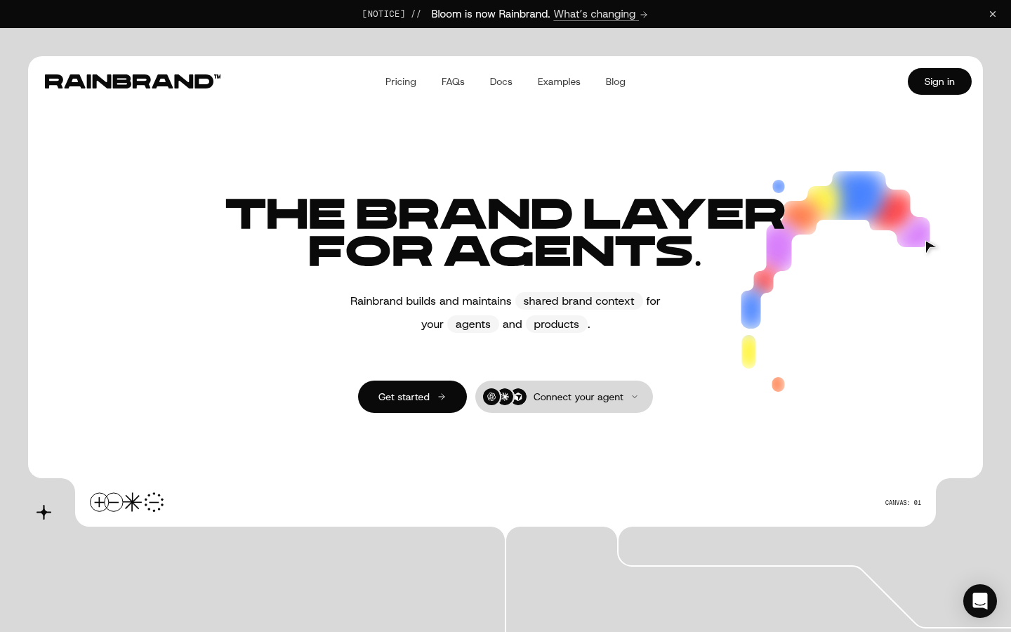 Rainbrand: the brand layer for AI agents, on a grey node canvas with drifting rainbow pixel blobs