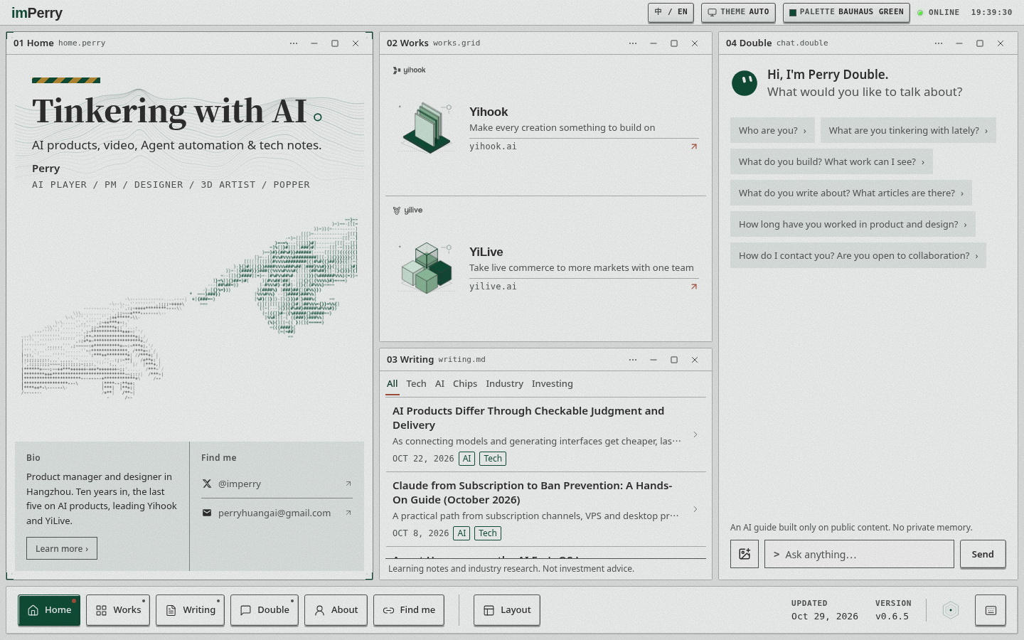 Perry's desktop-style personal site for an AI product builder