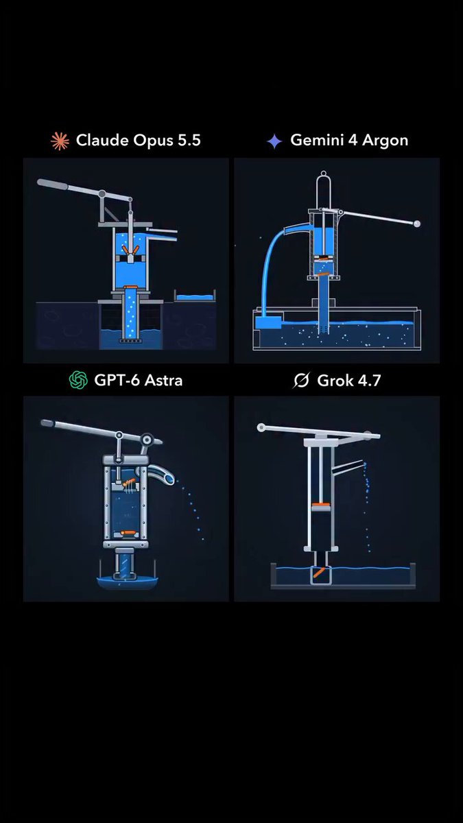 四模型同题建模水泵：Opus 5.5、Gemini 4 Argon、GPT-6 Astra、Grok 4.7