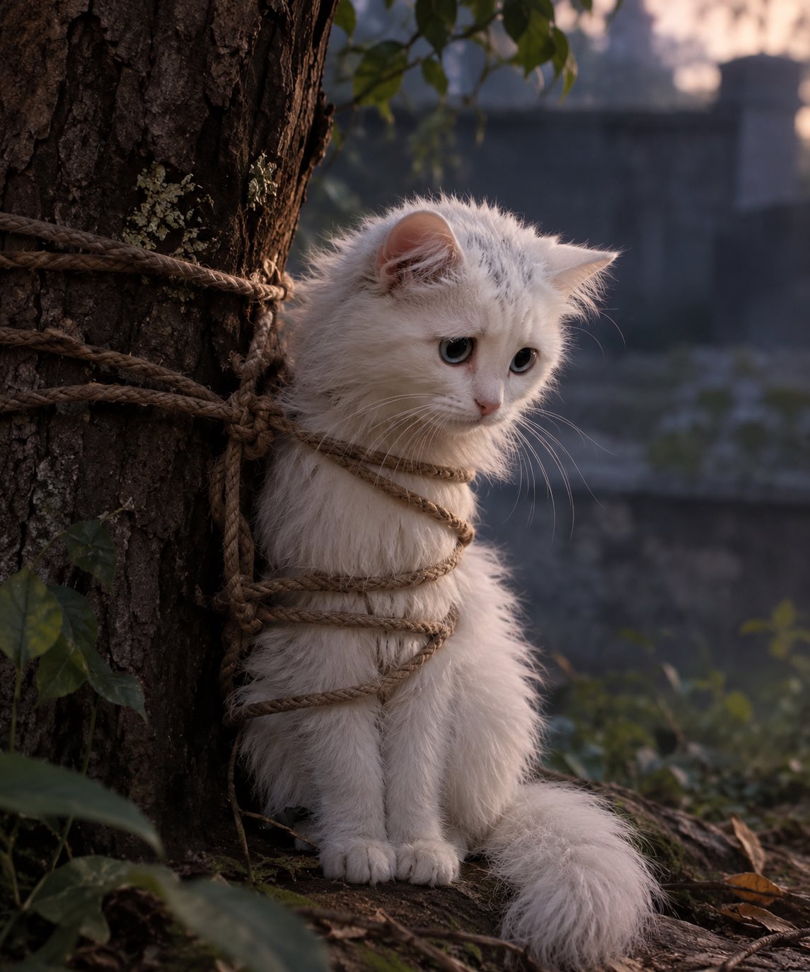 GPT Image 2.5 renders a cinematic fantasy portrait of a bound white cat
