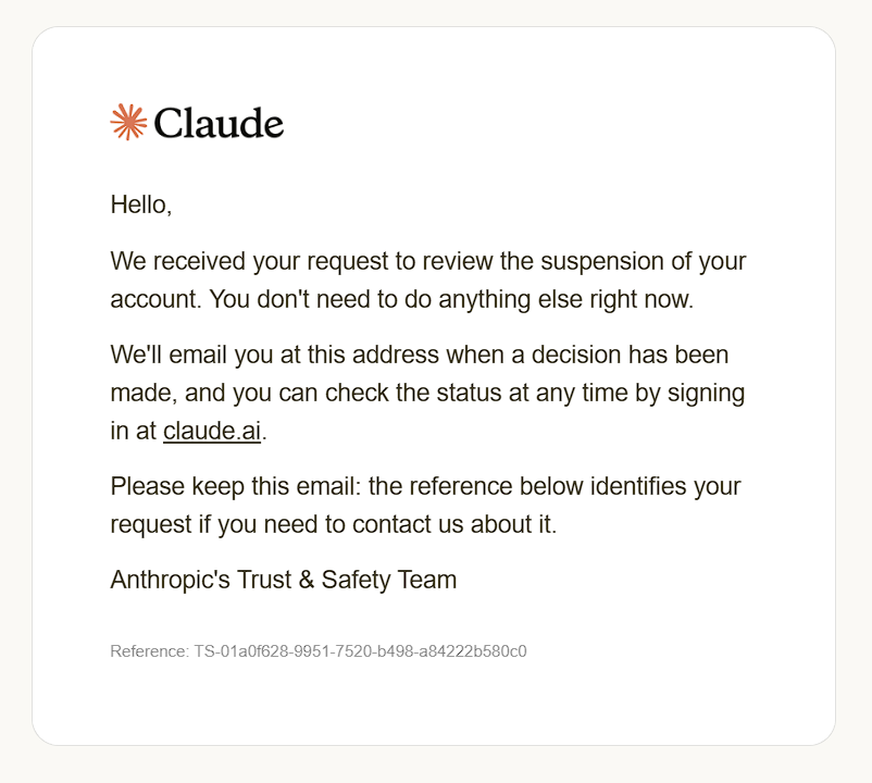 After Claude account suspension, user moves to Codex and syncs skills and MCP setup