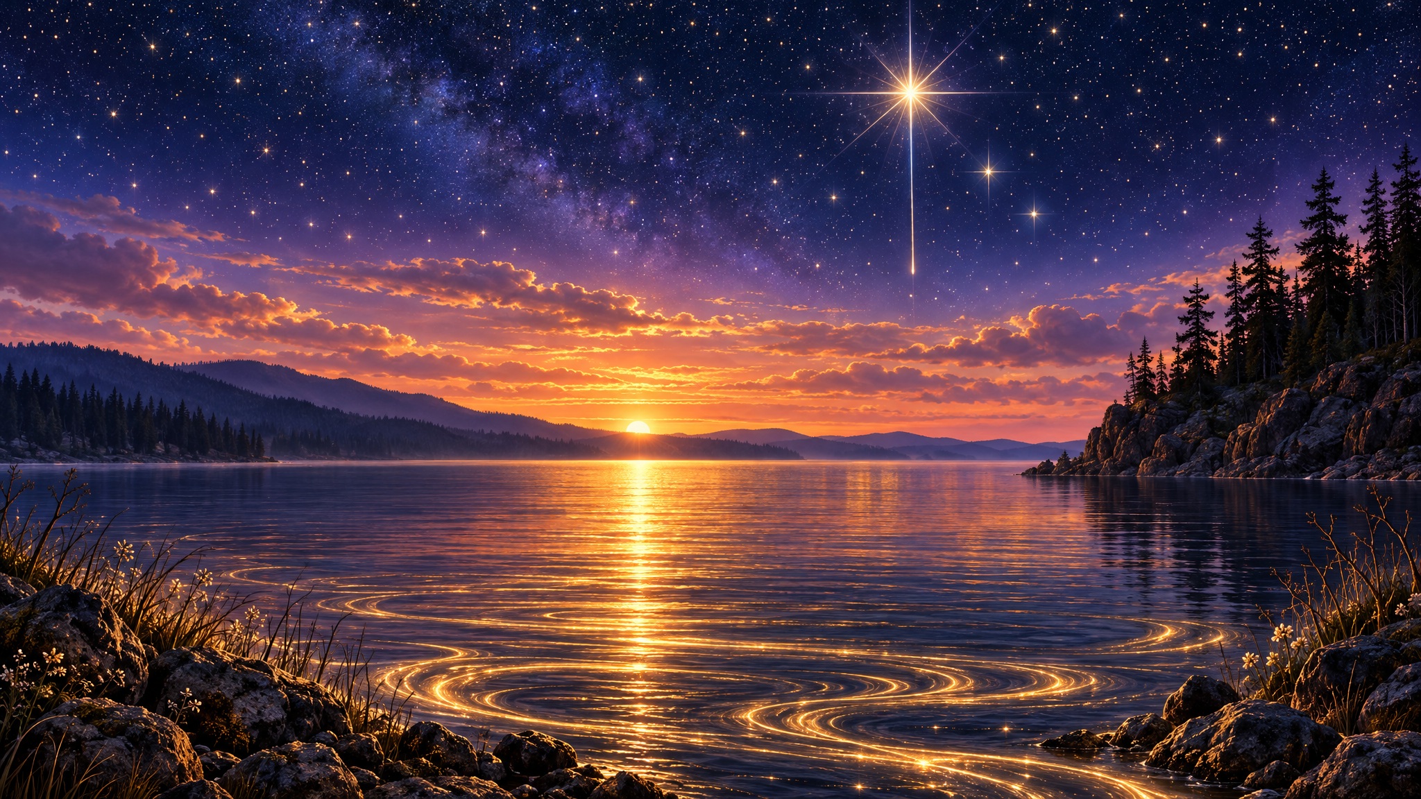 暮色湖泊流星插画提示词