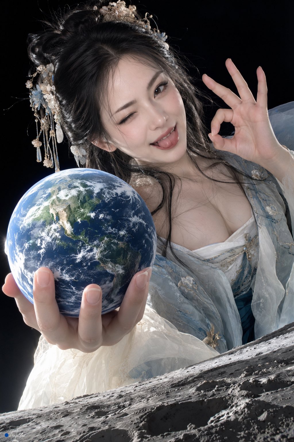 Prompt template for a planet-sized woman in hanfu holding the Earth