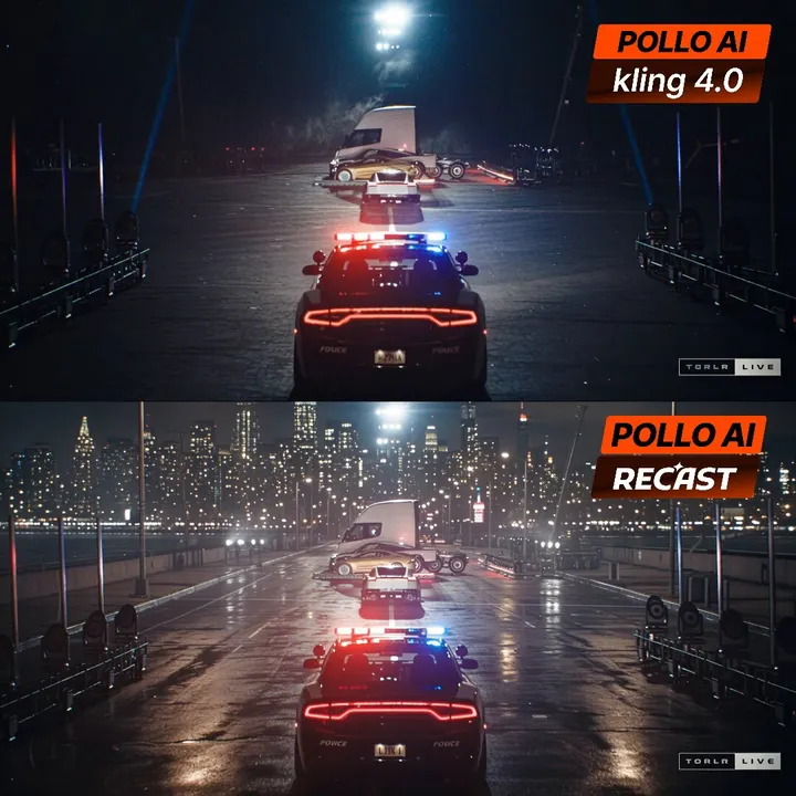 Pollo AI 用 Kling 4.0 生成追逐镜头再对比 Recast 夜景