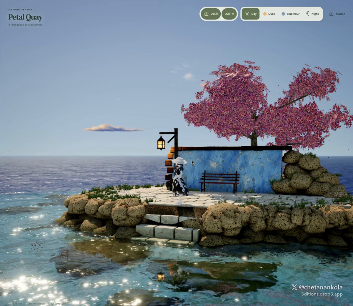 Opus 5.5 打造的 Three.js 3D 交互场景 Petal Quay