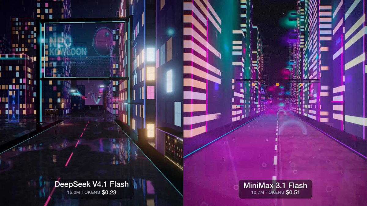 同题 three.js 霓虹城市：V4.1 Flash 花 $0.23，MiniMax 花 $0.51