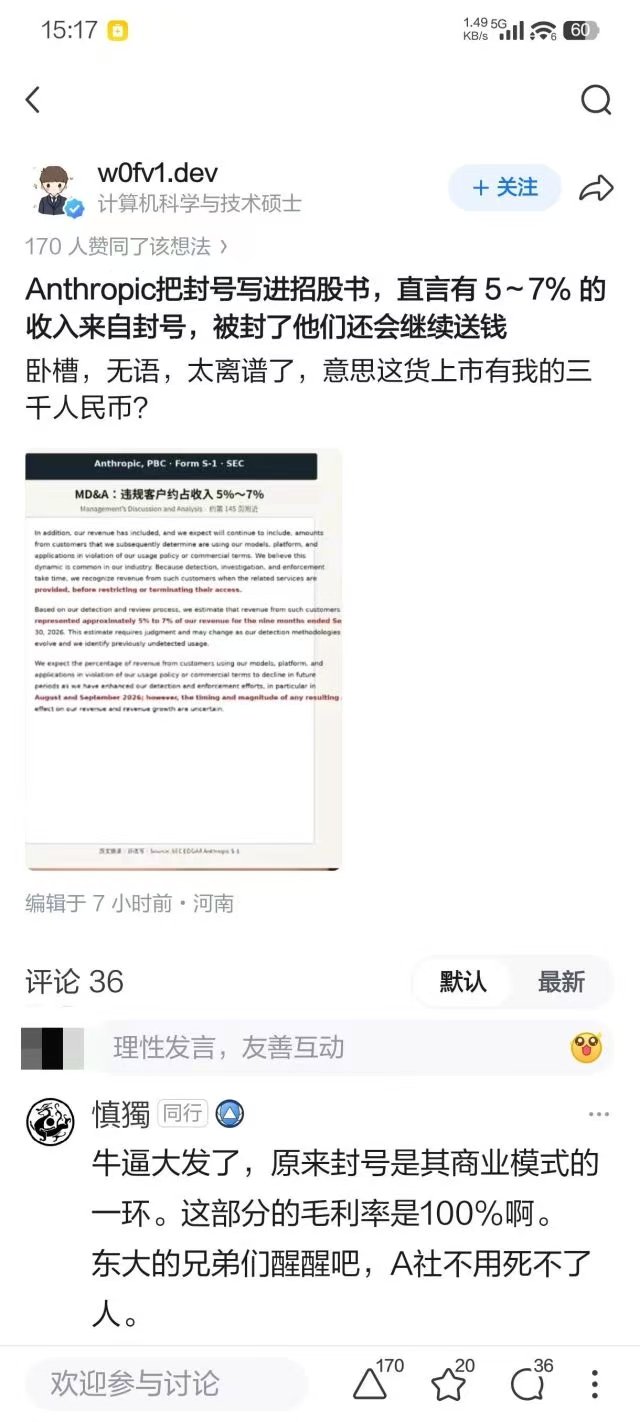 传 Anthropic 招股书称 5–7% 收入来自封号