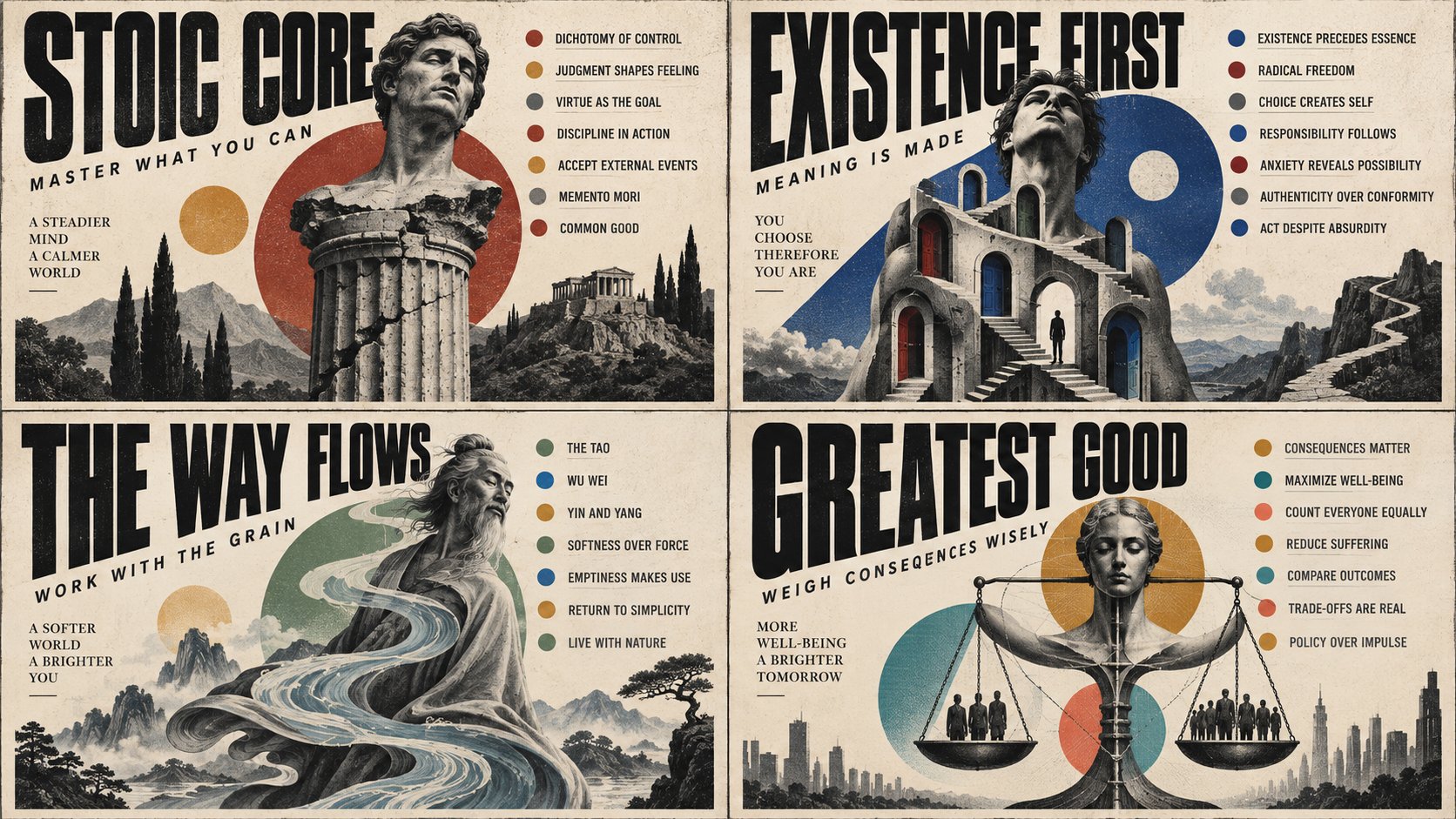 GPT Image 2.5 turns four philosophies into knowledge posters