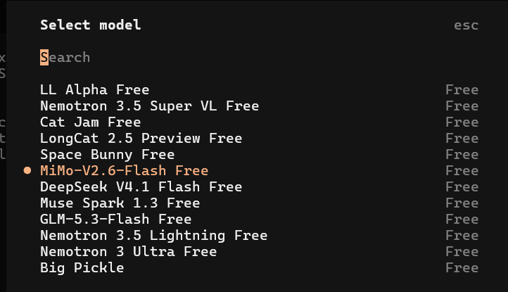 Replacing Muse Spark 1.3 in OpenCode's free stack with Space Bunny for long context