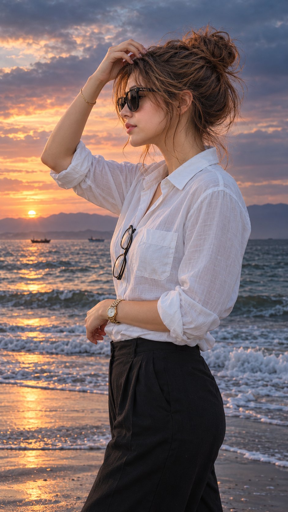 GPT Image 2.5 prompt for a cinematic beach fashion portrait