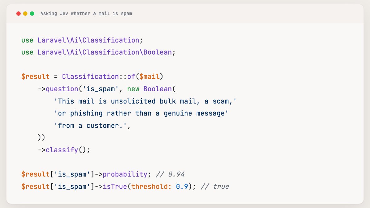 Laravel AI SDK 接入 Jev 做垃圾邮件过滤