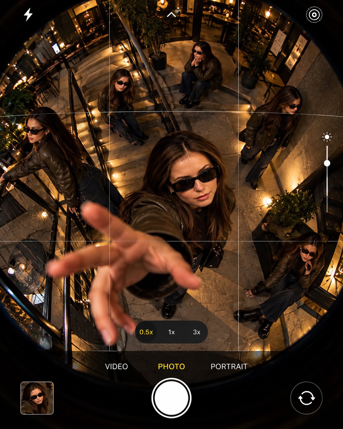 GPT Image 2.5 prompt: fisheye phone-viewfinder POV photo (image 2 of 2)