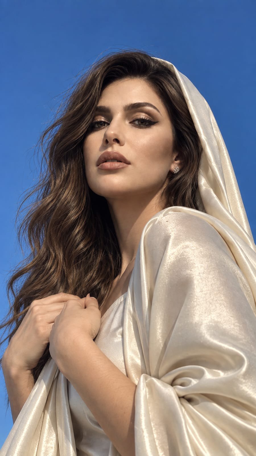 Smartphone-style realistic portrait prompt: low-angle blue-sky close-up