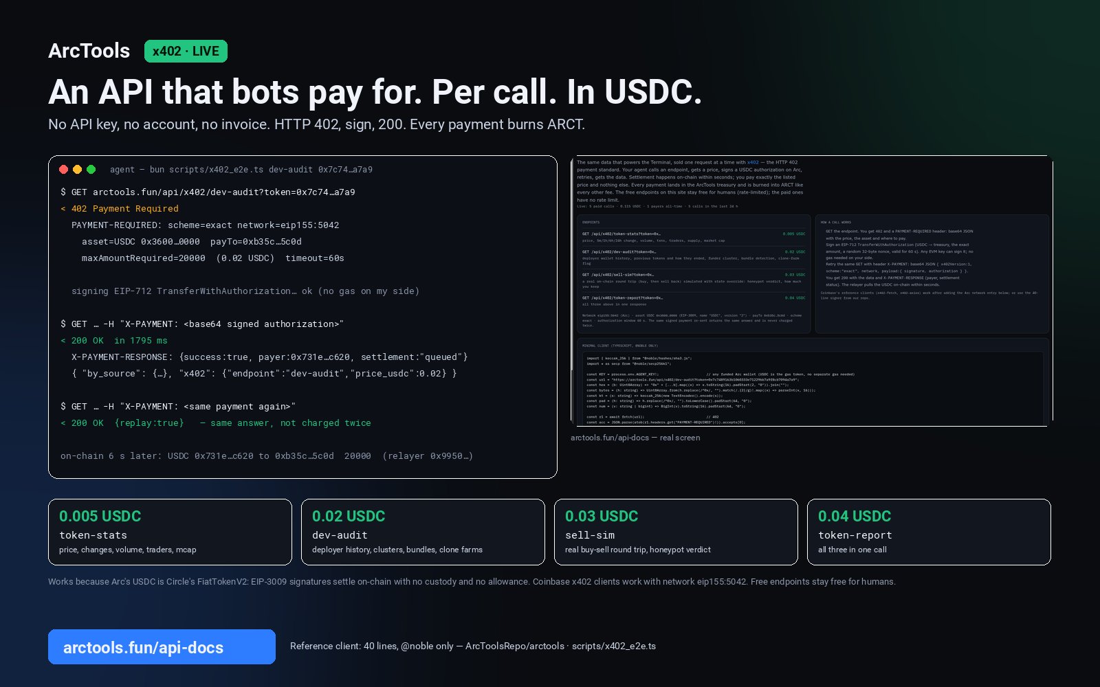 ArcTools API goes live on Arc with per-call USDC payments and no API keys