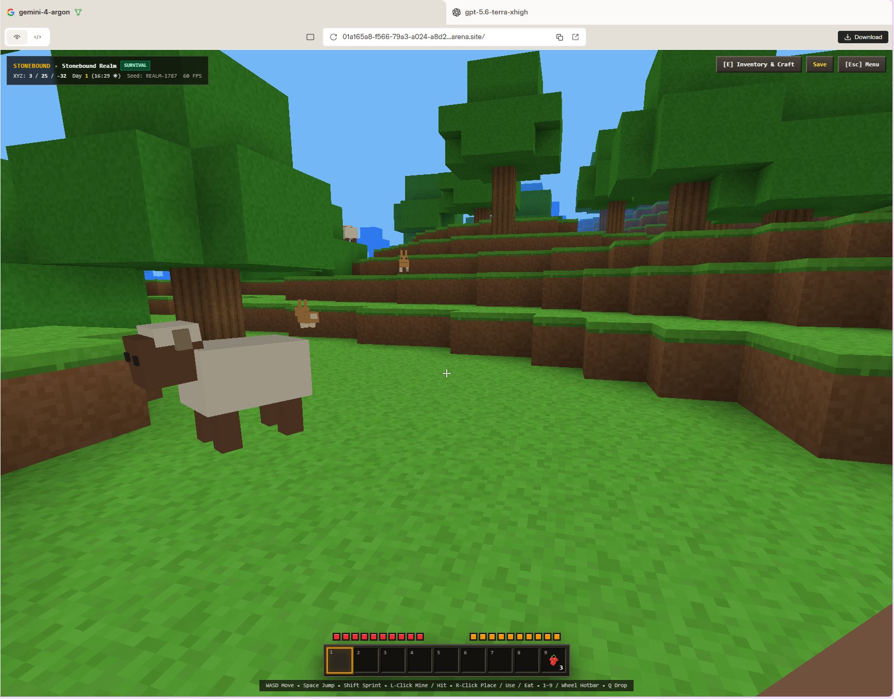 Gemini 4 Carbon, listed as gemini-4-argon in Arena, builds a Minecraft clone (image 2 of 4)