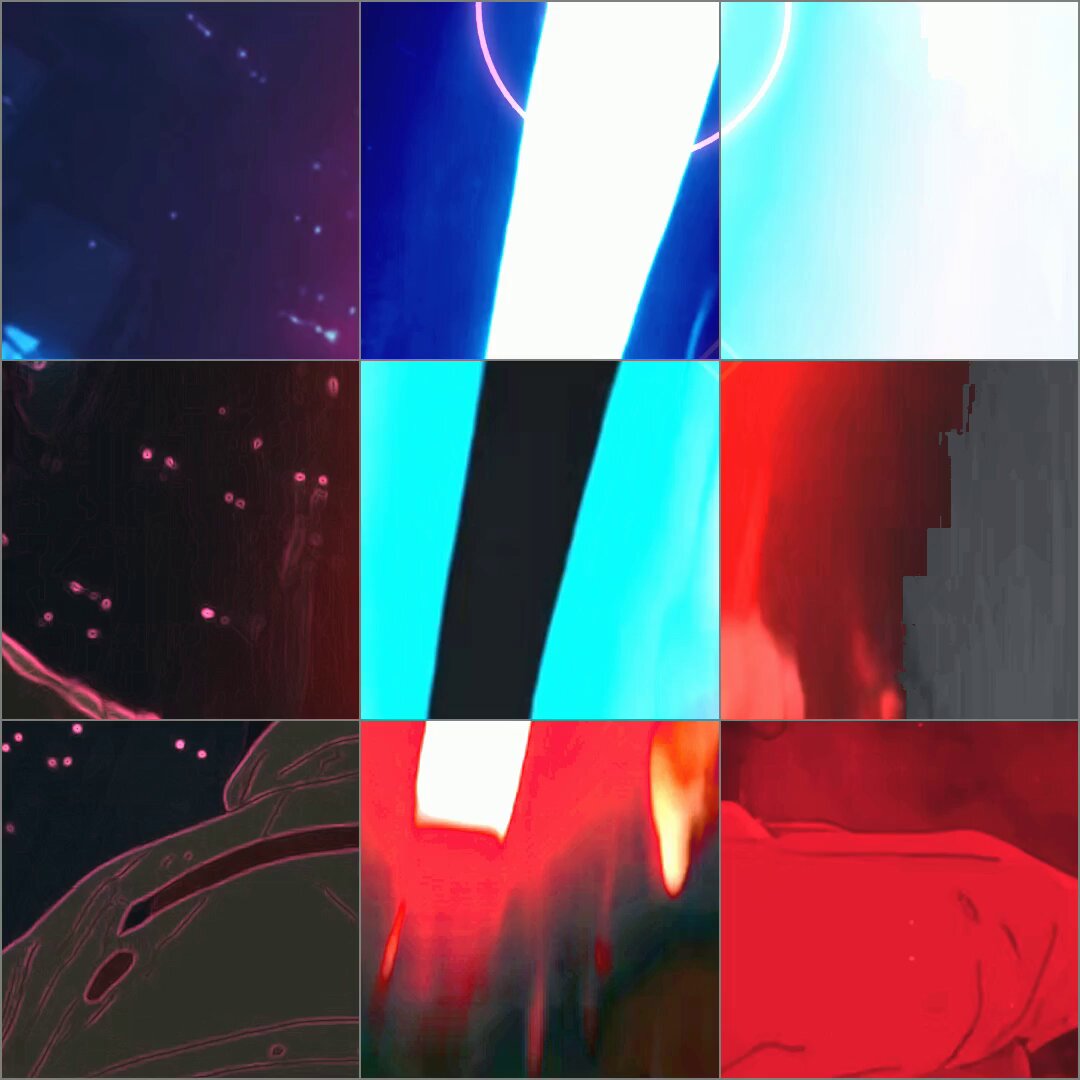 Opus 5.5 剪辑光剑音乐视频：3x3 网格同步特效