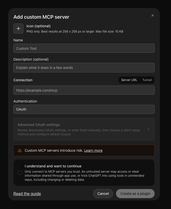 ChatGPT web vs app differ on custom MCP server auth (image 1 of 2)