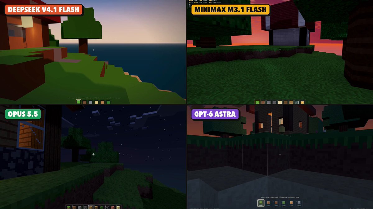 Single-file Minecraft prompt: MiniMax M3.1 Flash loses to Opus 5.5