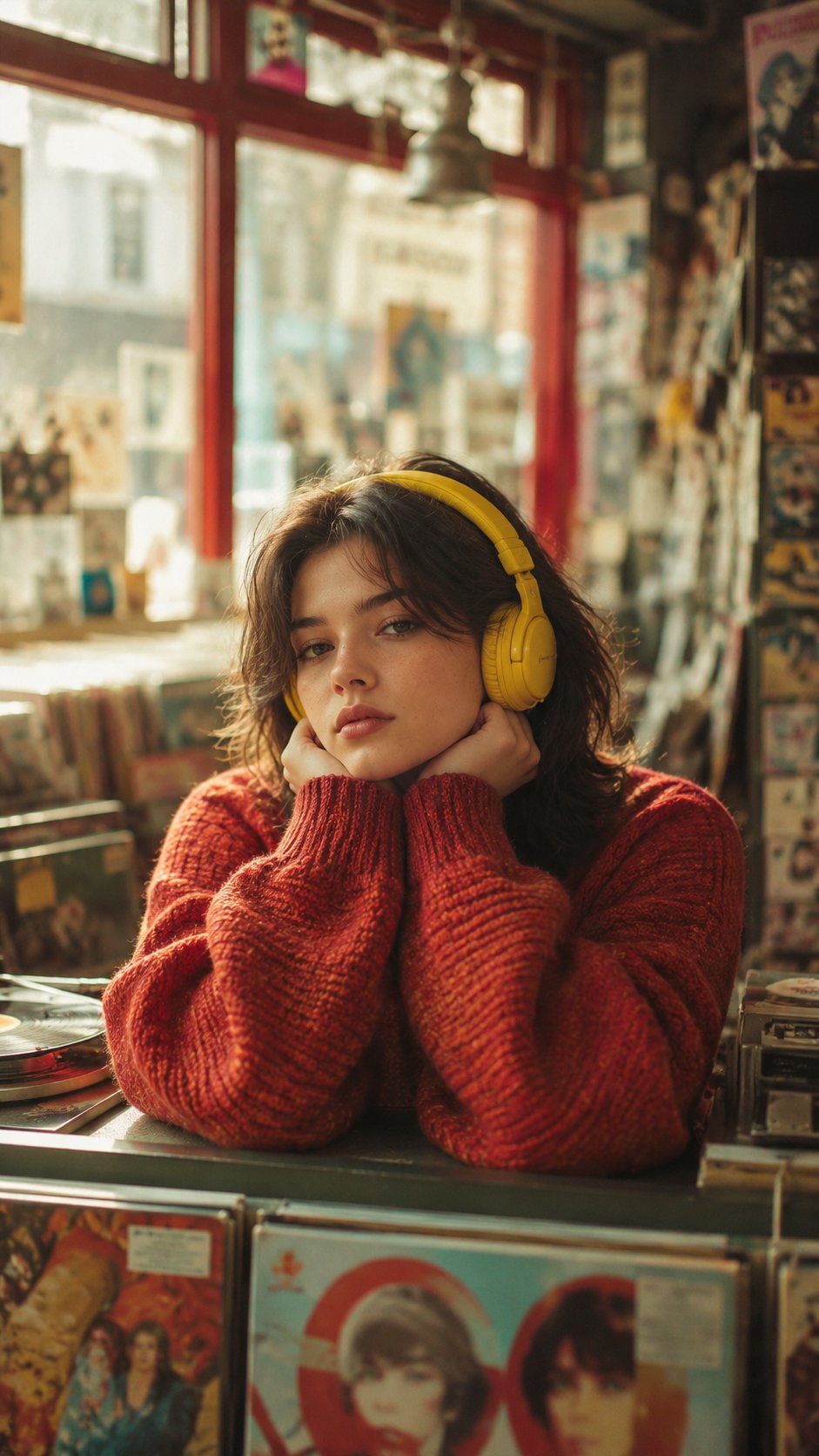 Full prompt for a vintage record shop portrait shared