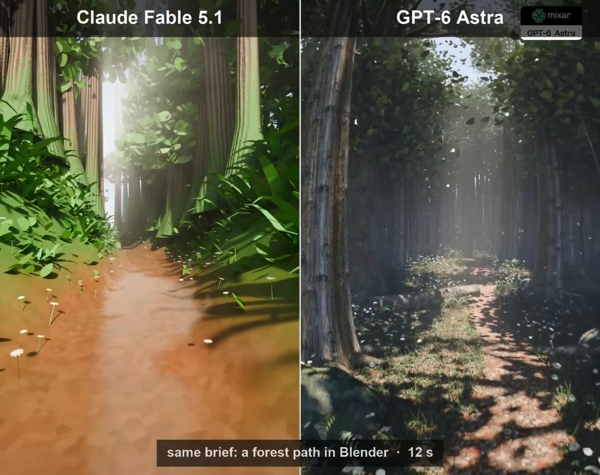 Same prompt, 12 seconds: Astra and Fable 5.1 build a forest in Blender