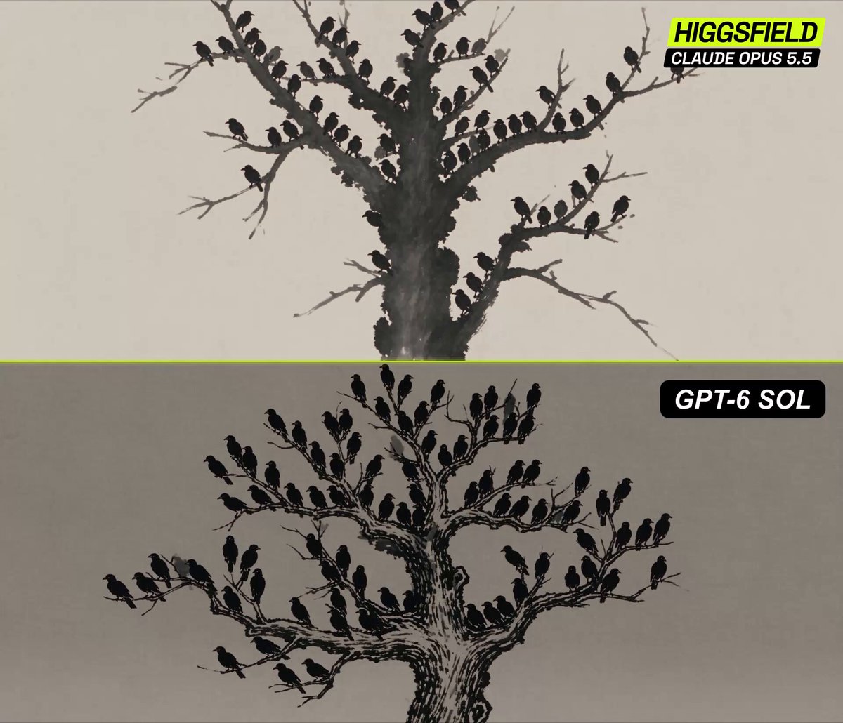 Higgsfield compares GPT-6 Sol and Opus 5.5 on ink-wash animation