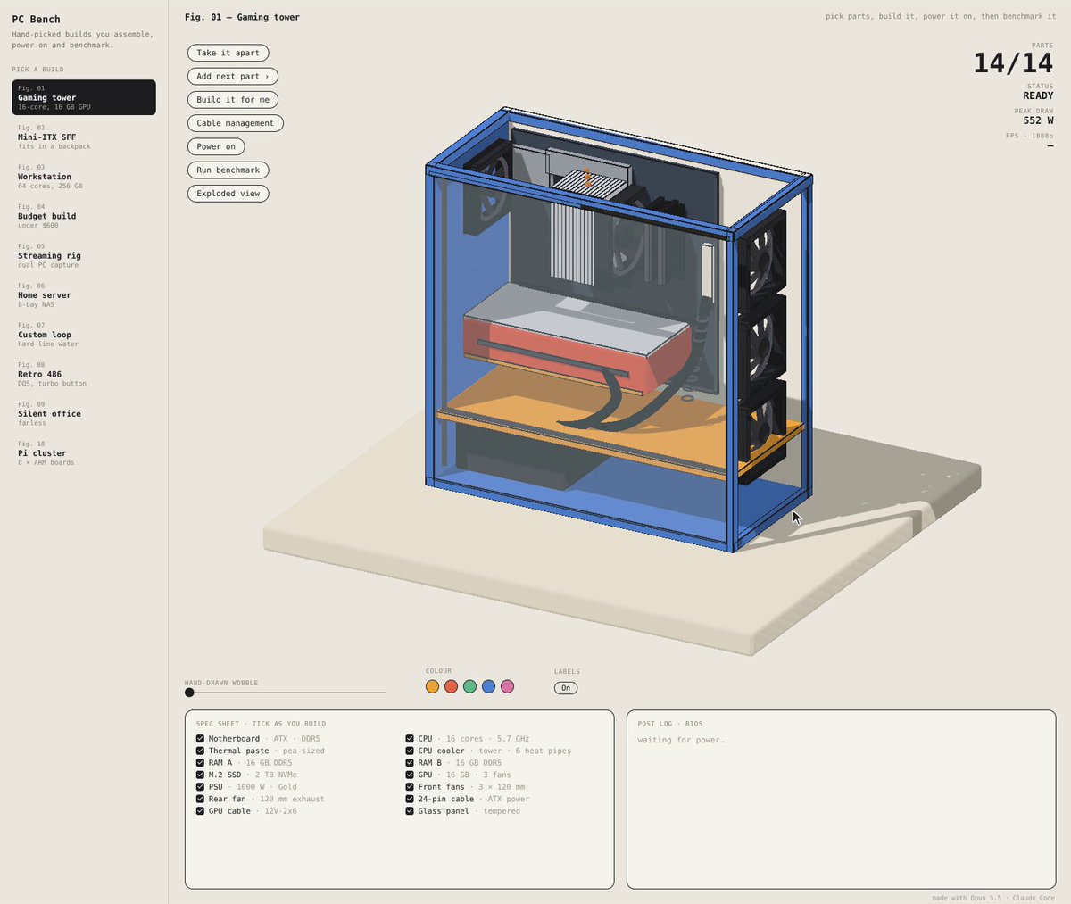 Opus 5.5 + Claude Code: a code-only PC building animation