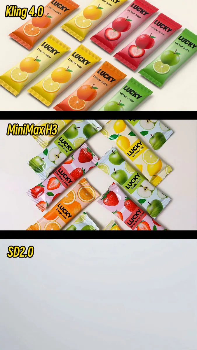 果汁广告提示词三模型对比：H3 排版更均衡，Kling 4.0 布局不同