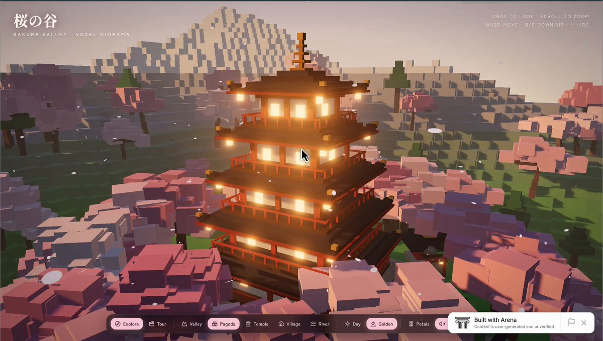 Gemini 4 Carbon builds voxel Japanese temple scene in Arena test
