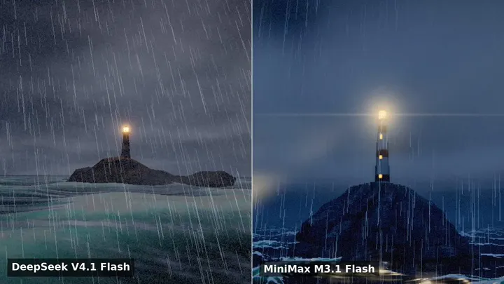 MiniMax M3.1 Flash vs DeepSeek V4.1 Flash on the same Three.js lighthouse prompt