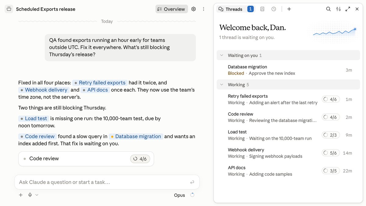 Claude routes requests across threads and adds an Overview panel