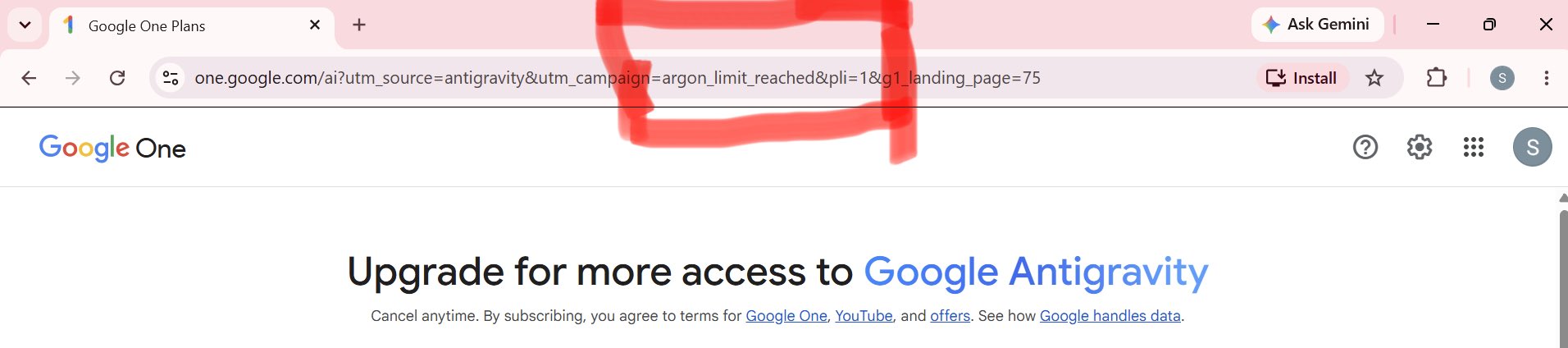 argon_limit_reached appears in Google upgrade URL, hinting at AI Ultra