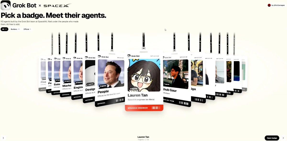Grok Bot 团队 113 个免费 agent 做成 3D 徽章墙