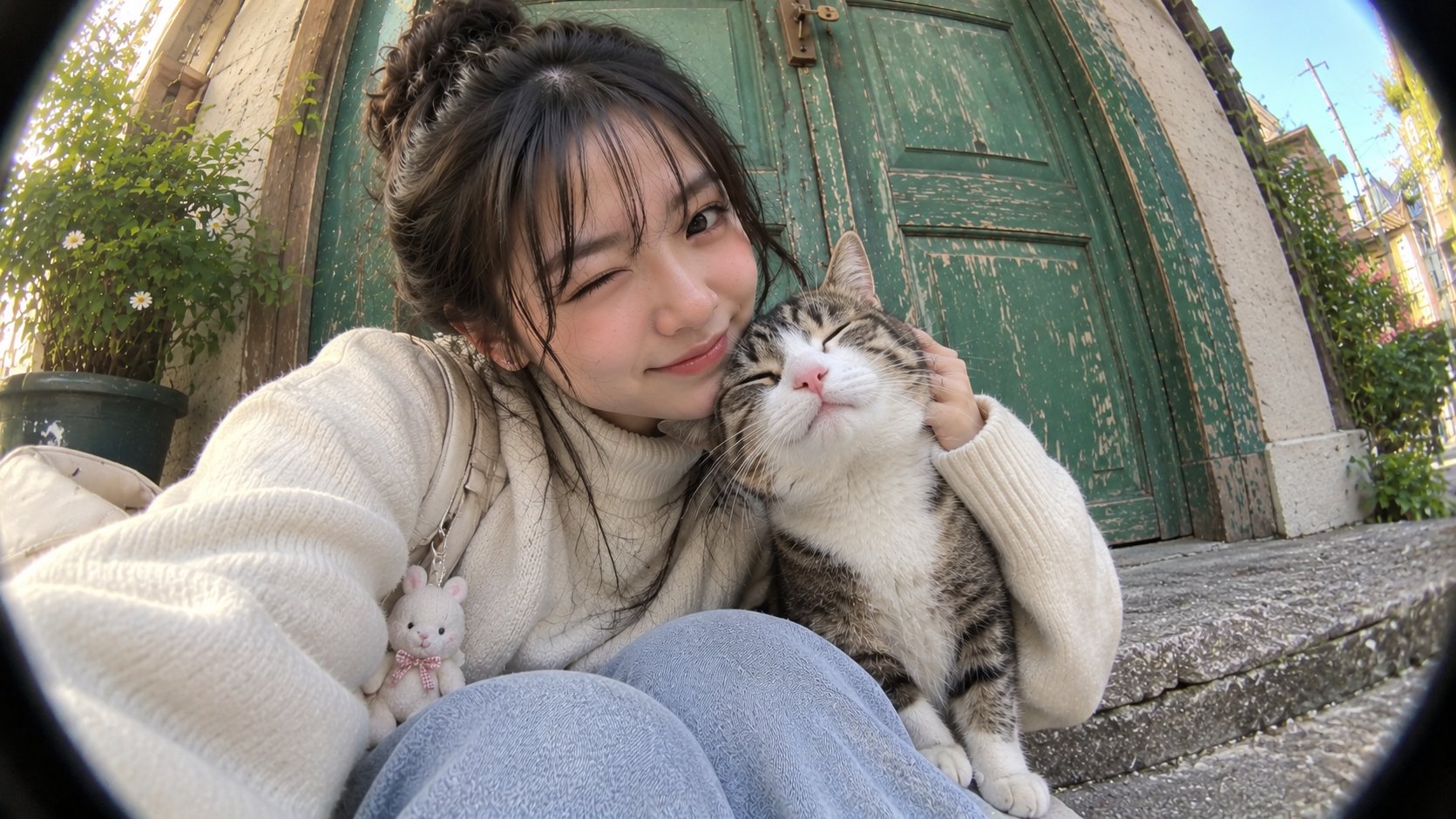 GPT Image 2.5 fisheye selfie prompt: doorway with a cat (image 2 of 2)