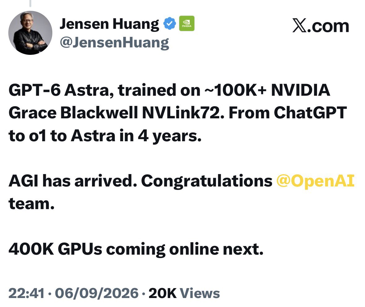 Jensen Huang says "AGI has arrived" and mentions 400K GPUs incoming