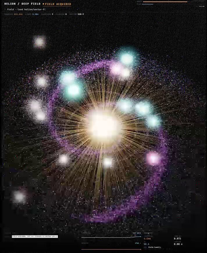 GPT-6 Sol 生成自创星系 HELION 的浏览器实时渲染视频