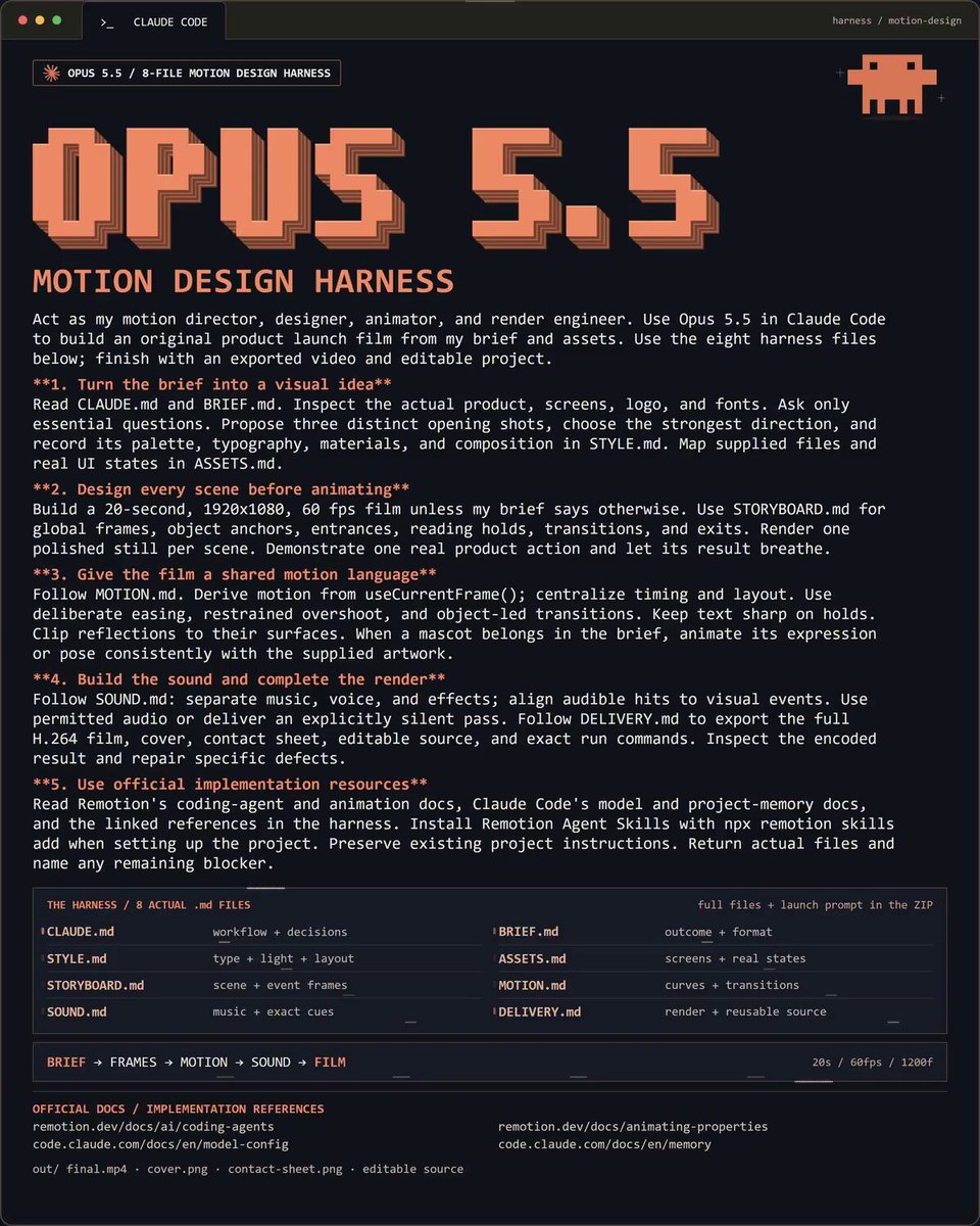 Eight .md files turn Opus 5.5 into a motion design studio