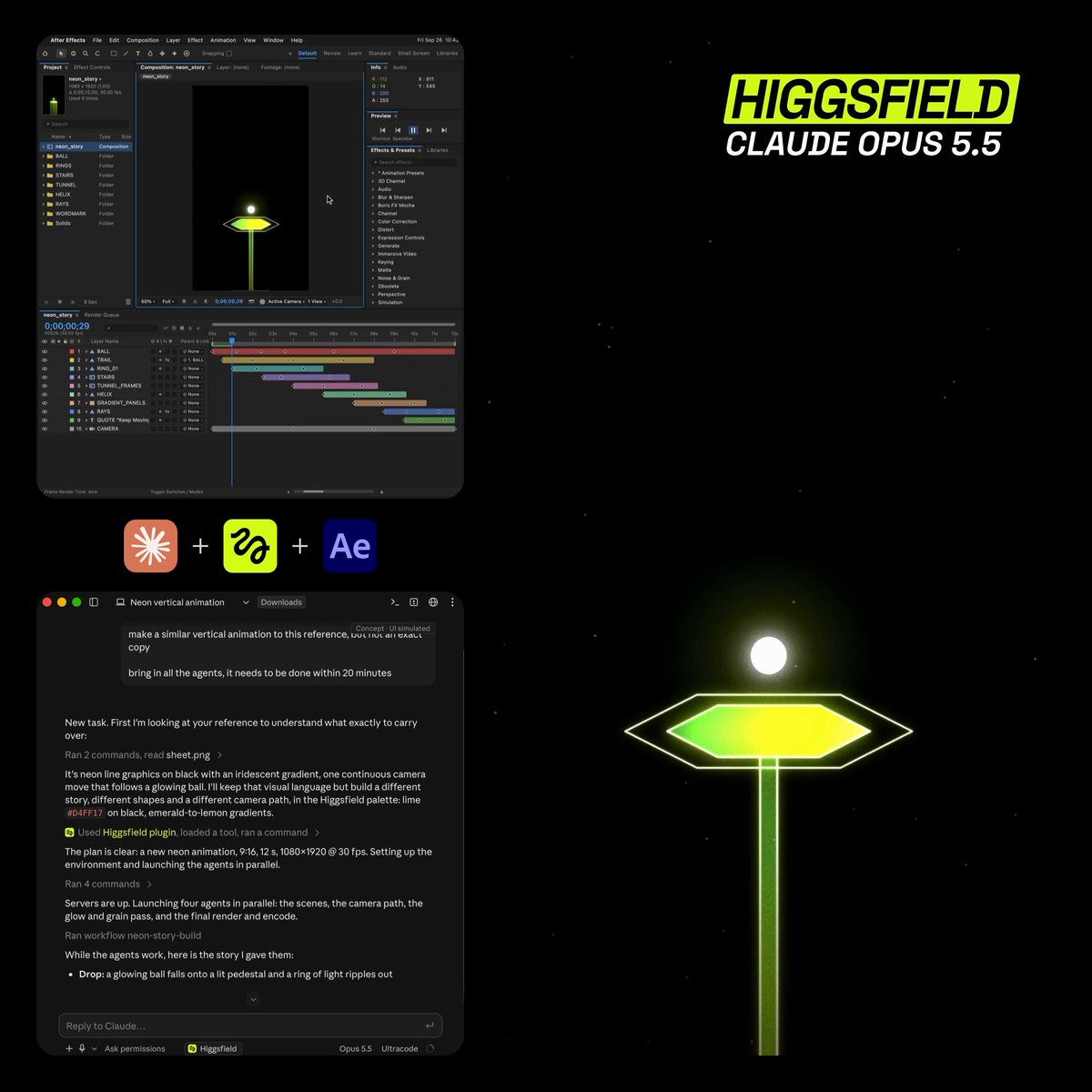 Claude Opus 5.5 加 Higgsfield 跑 After Effects 动效流程