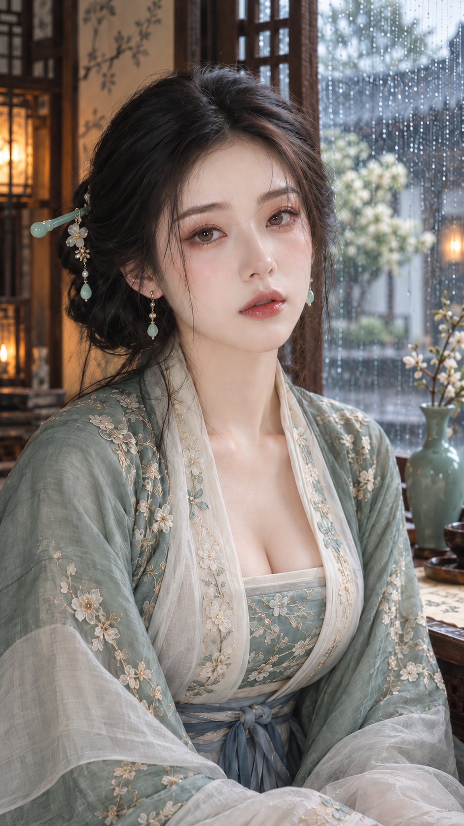 GPT Image 2.5 ancient-style portrait prompt: flower shadows by a rainy window