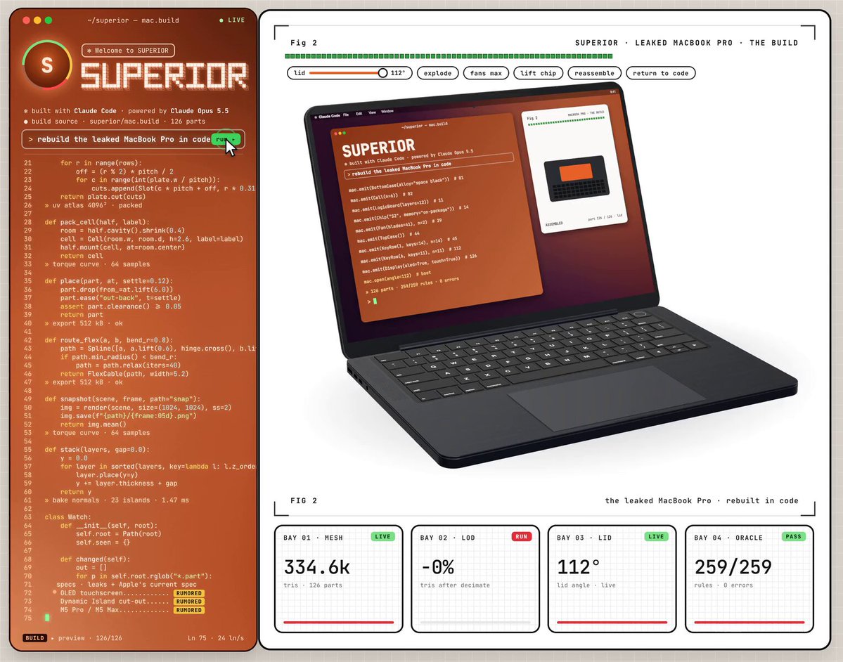 Opus 5.5 用代码重建未发布 MacBook Pro 并动画开盖