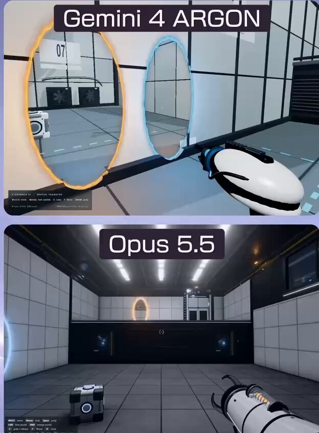 Gemini 4 Argon vs Opus 5.5 on the same portal test chamber