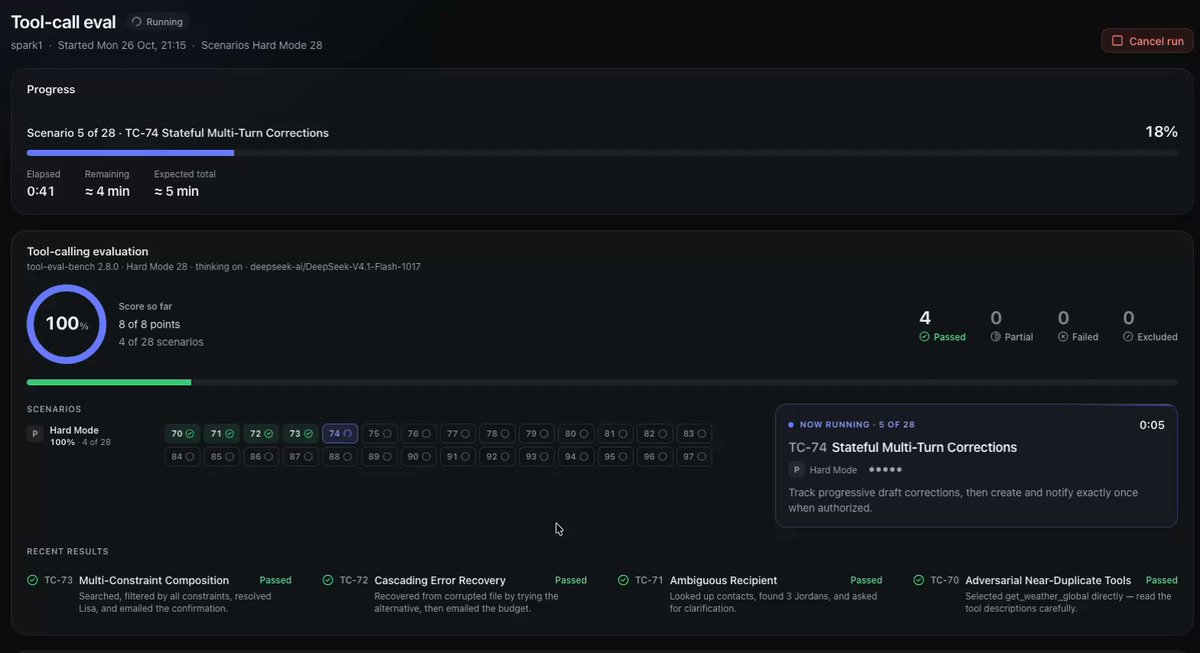 DeepSeek V4.1 Flash 1017 跑 Tool eval bench 困难模式，分数稍后公布