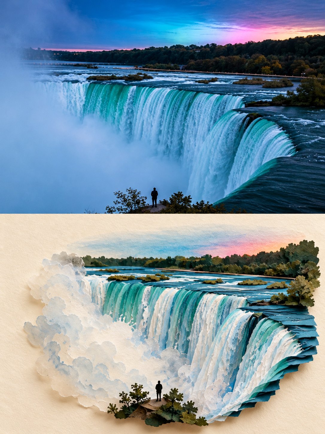 GPT Image 2.5 prompt: split-frame "Second World" paper-art poster