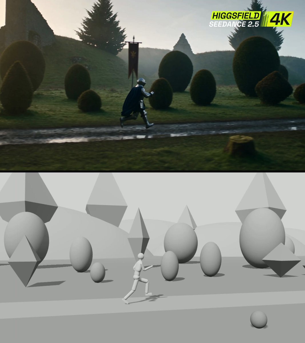 Seedance 2.5 4K 对比 Blender 草模：多场景奔跑镜头