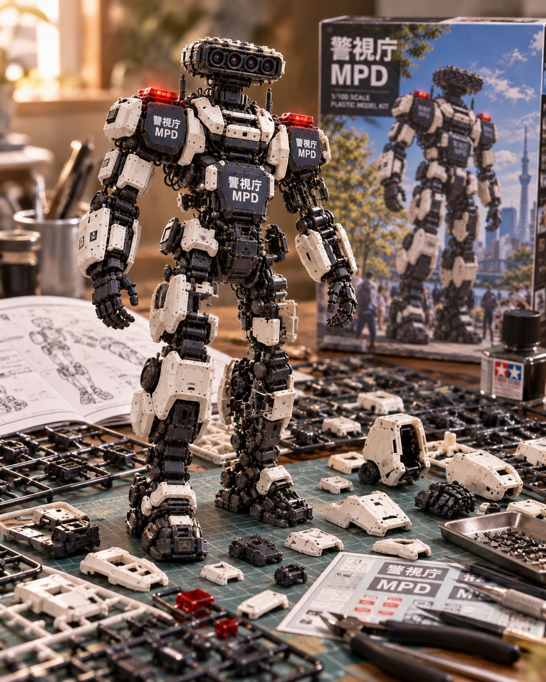 GPT-Image 2.5 renders a half-assembled police robot model kit