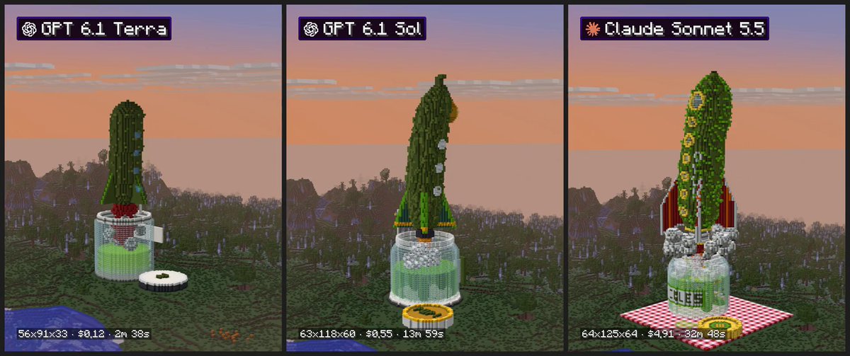 Minecraft 泡菜火箭场景：Sonnet 5.5 对比 GPT-6.1 双模型