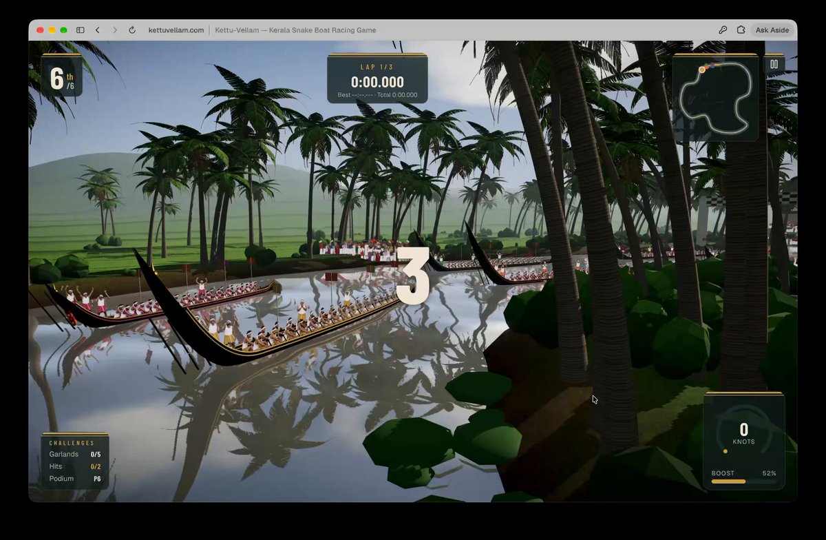 Opus 5.5 and v0 build a Kerala snake boat racing game