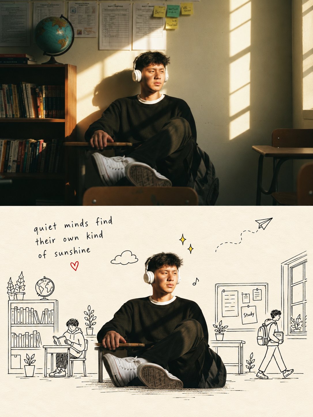 GPT Image 2.5 before-and-after: cutout subject on doodle background (image 2 of 2)